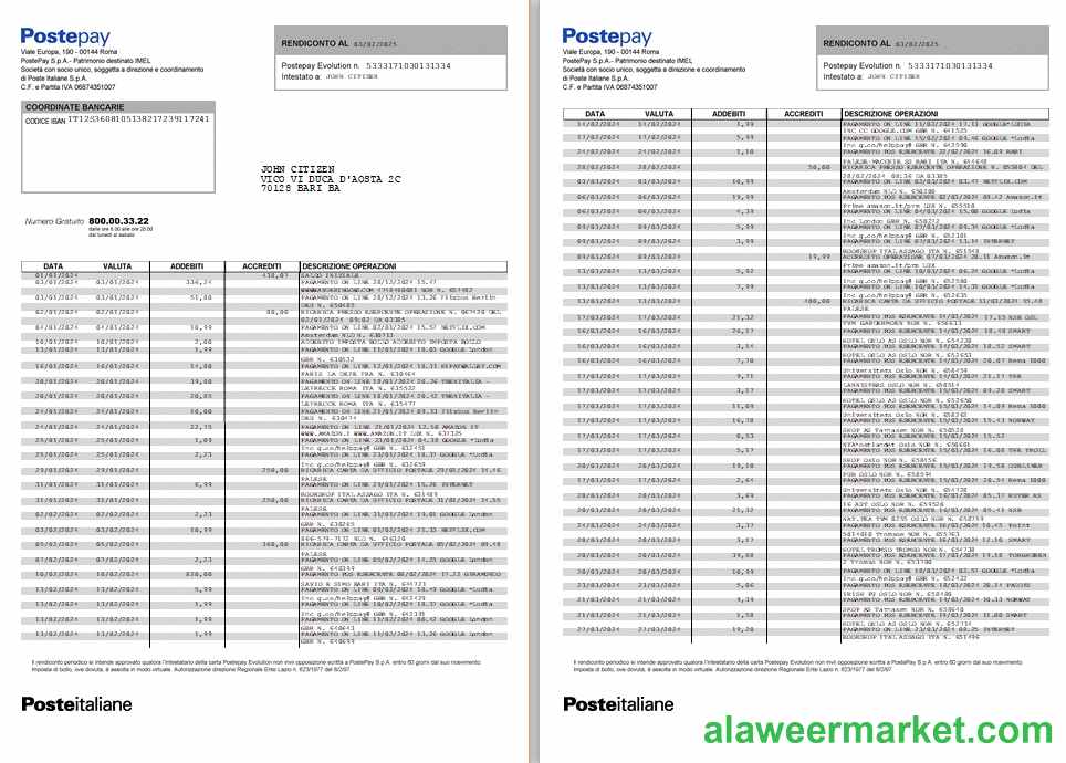 Italy Postepay Evolution (Poste Italiane) card statement template, 7 pages scr